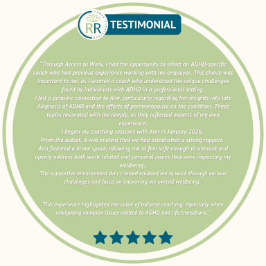 Tailored Coaching Support for ADHD Resilience Rebel ADHD workplace coaching testimonial. White writing on green background with logo and five blue stars.