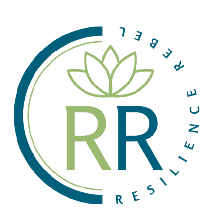 Resilience Rebel Logo featuring a lotus symbol and the words Resilience Rebel in green and blue with a circle outline.