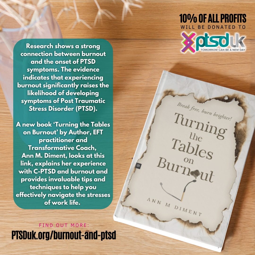 An image of a book - turning the tables on burnout, placed on a table with a text box describing the link between PTSD and burnout.